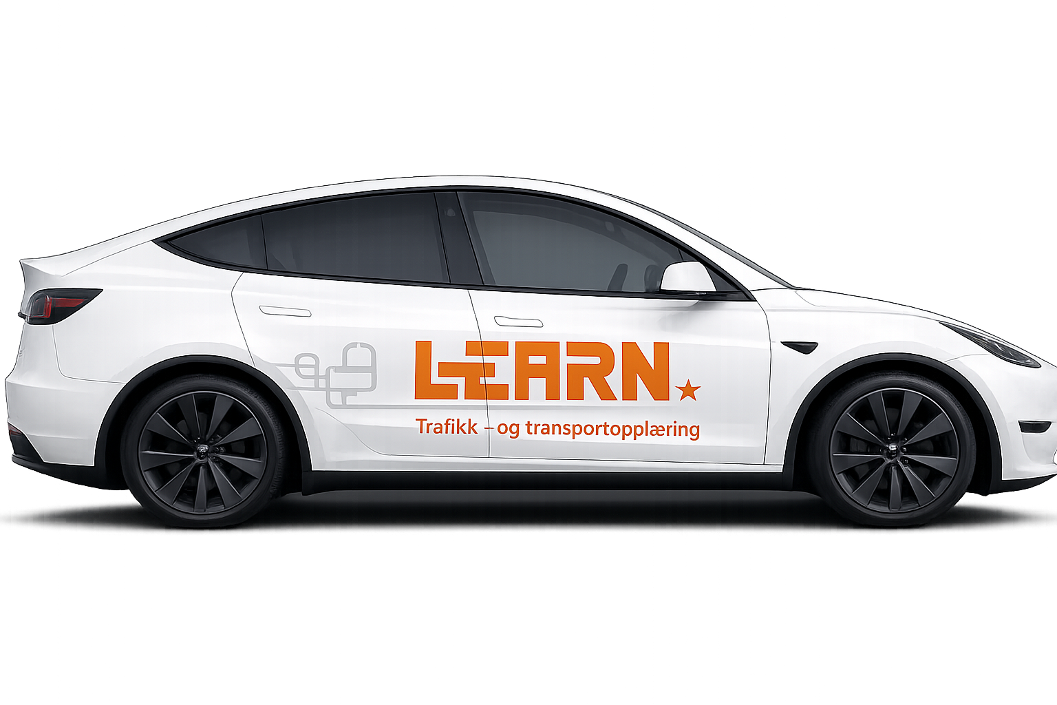 Hvit Tesla Model Y med Learn-logo